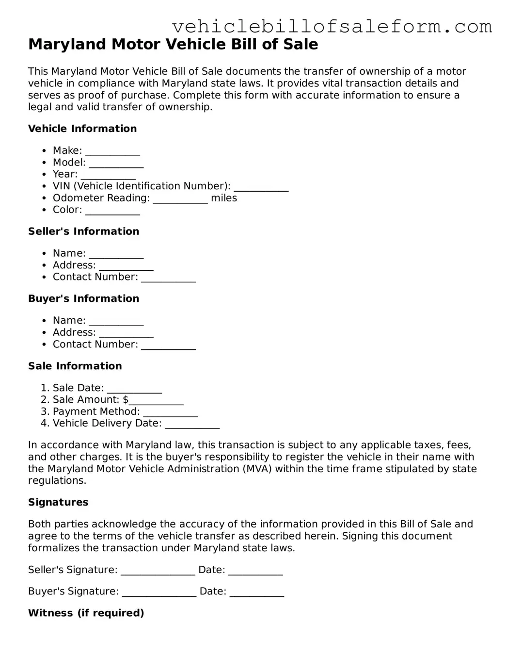 Printable  Motor Vehicle Bill of Sale Template for Maryland