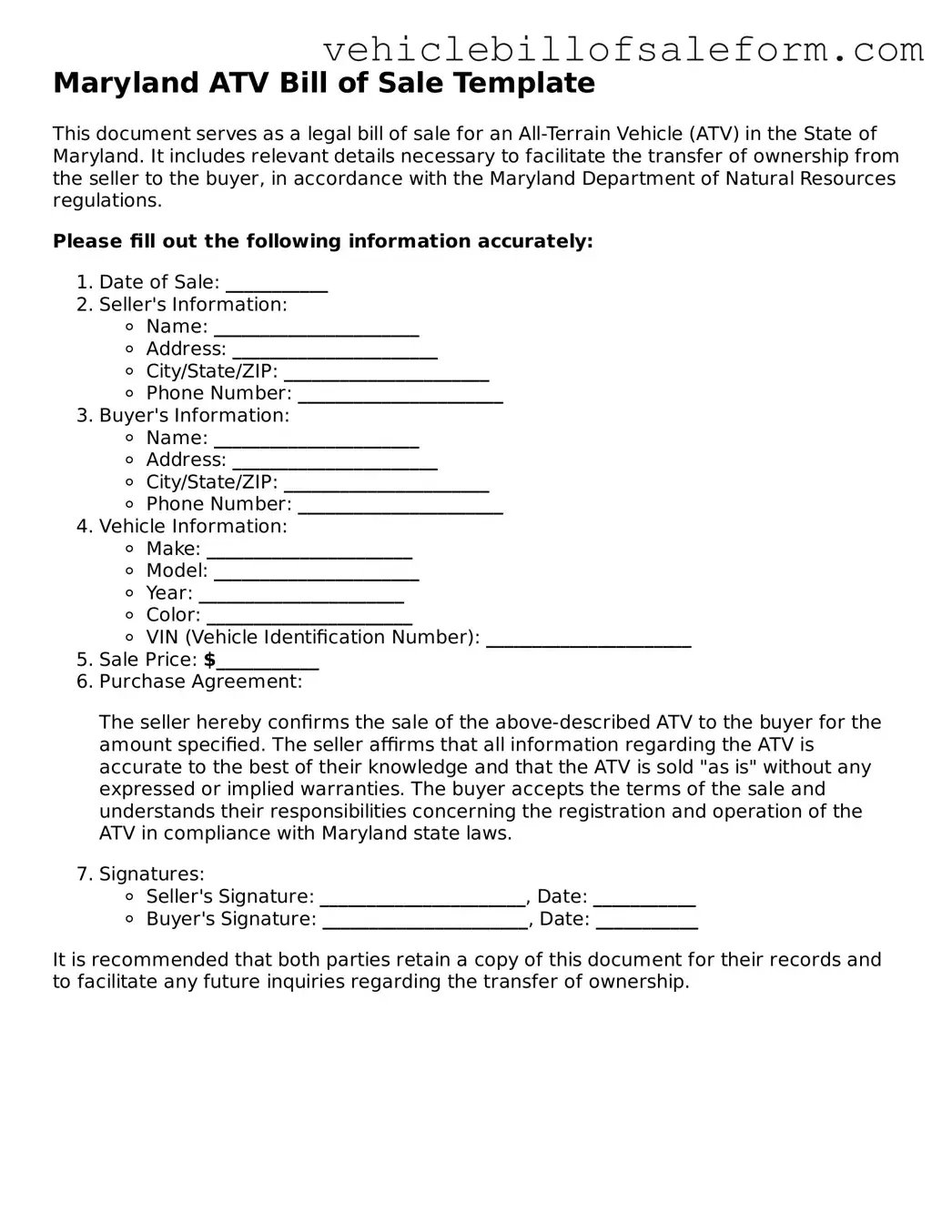 Printable  ATV Bill of Sale Template for Maryland