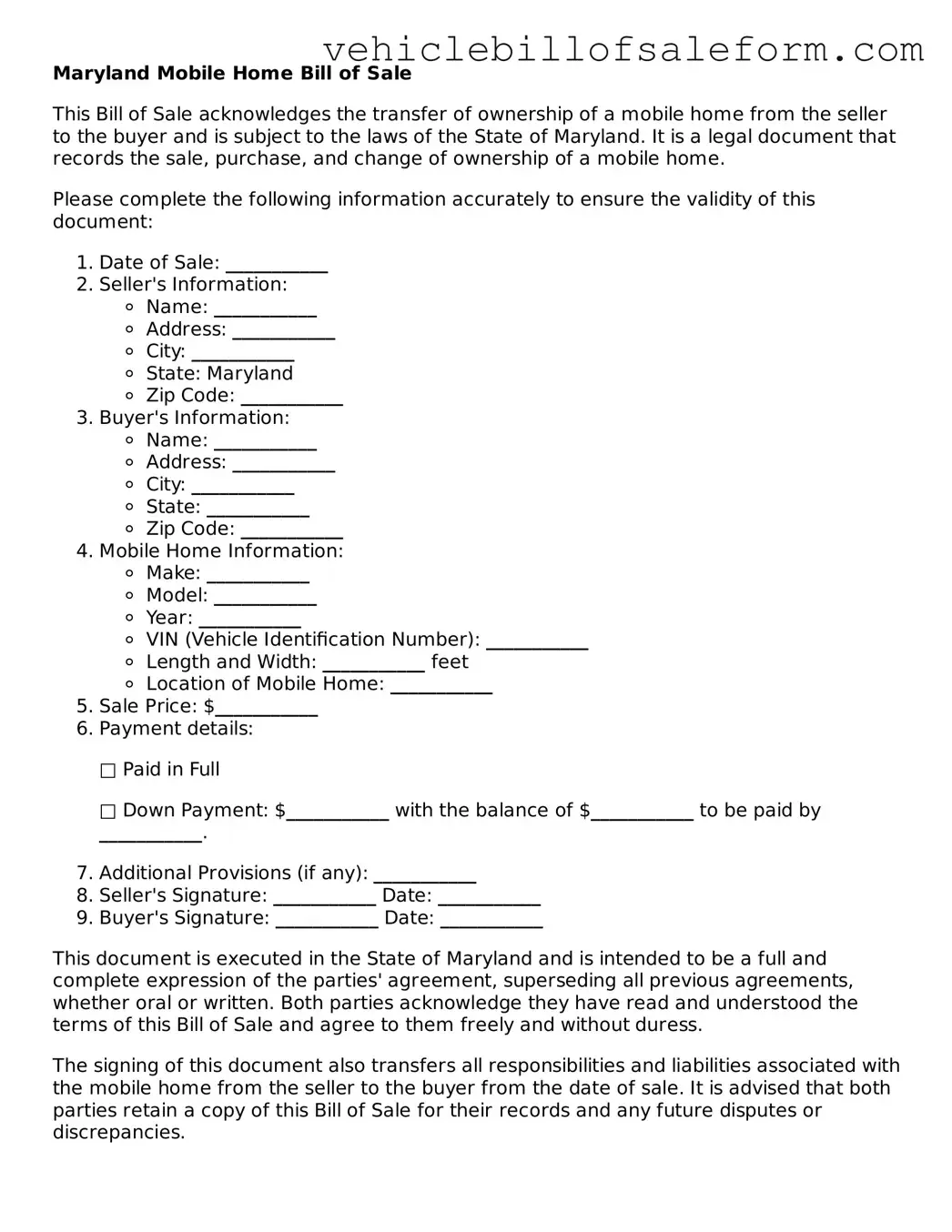Printable  Mobile Home Bill of Sale Template for Maryland