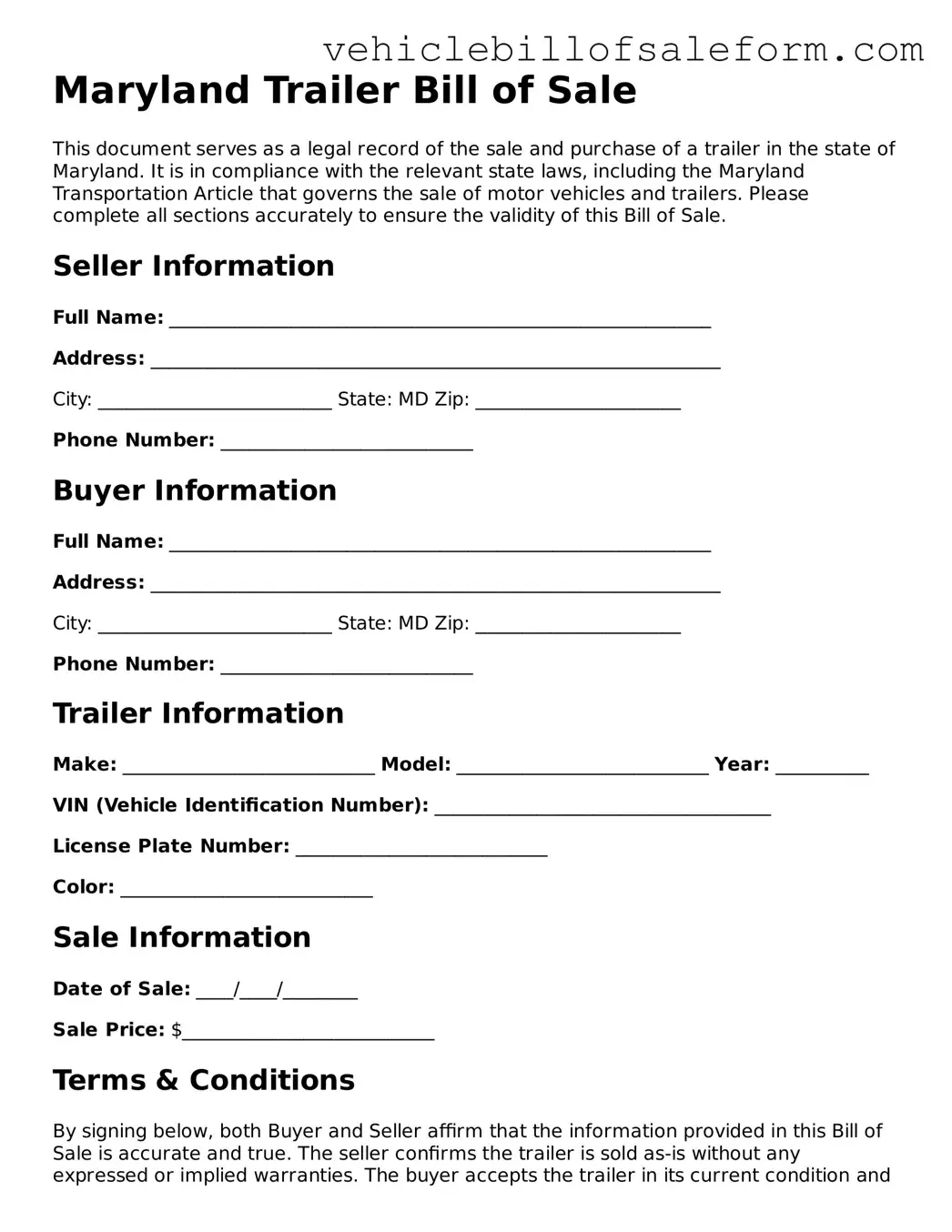 Printable  Trailer Bill of Sale Template for Maryland