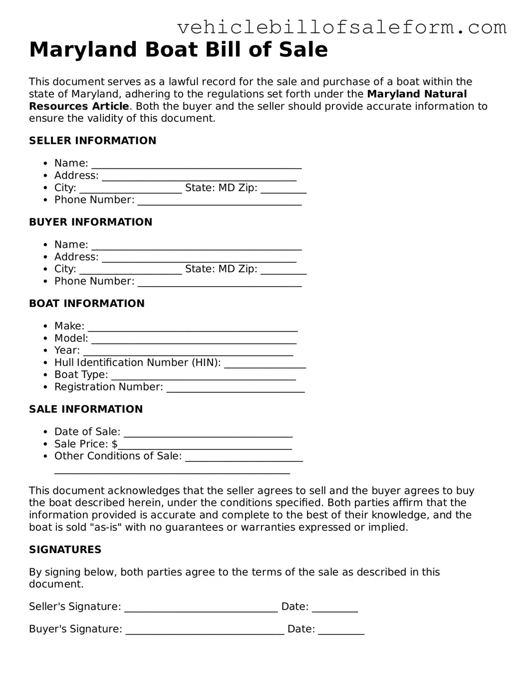 Printable  Boat Bill of Sale Template for Maryland