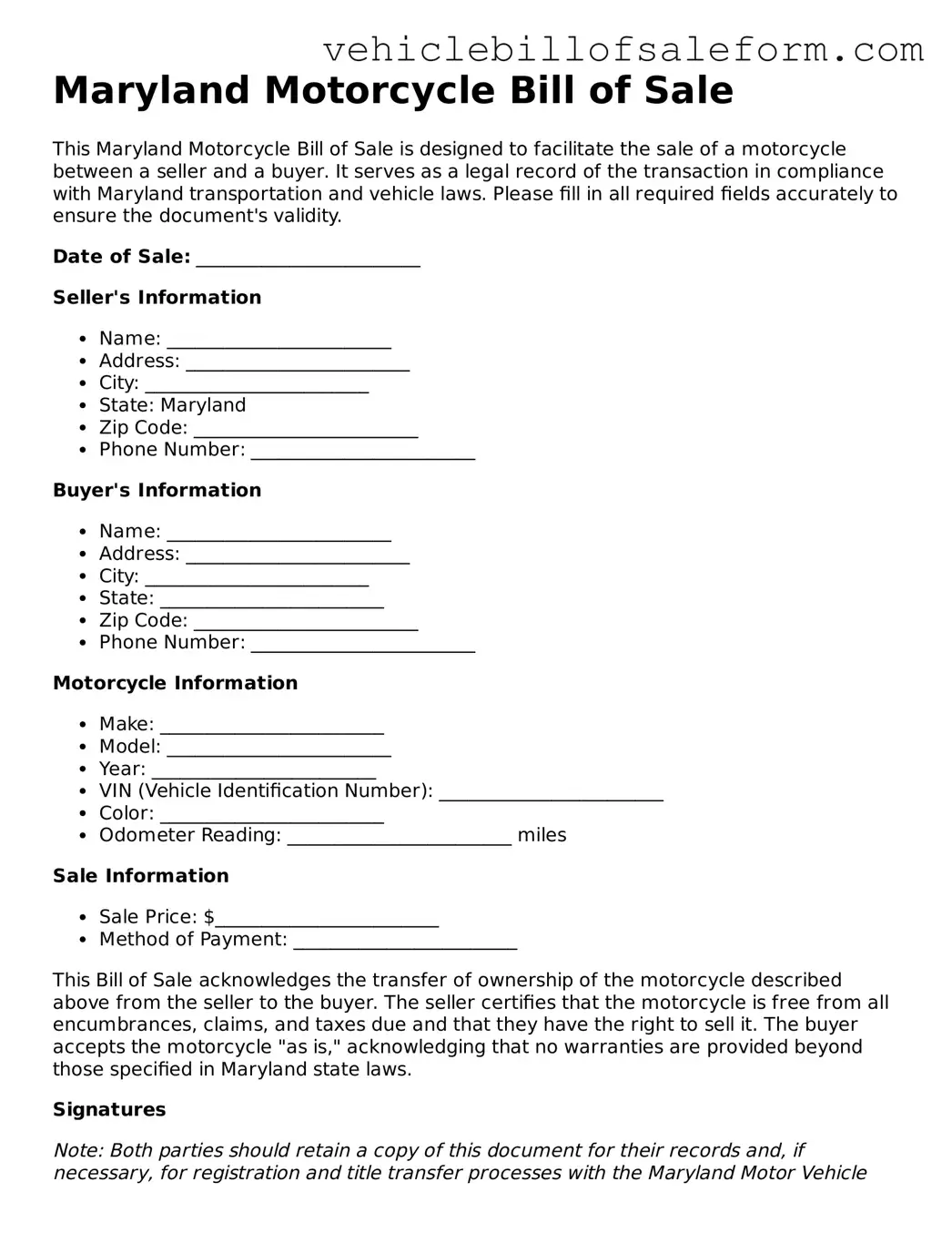 Printable  Motorcycle Bill of Sale Template for Maryland