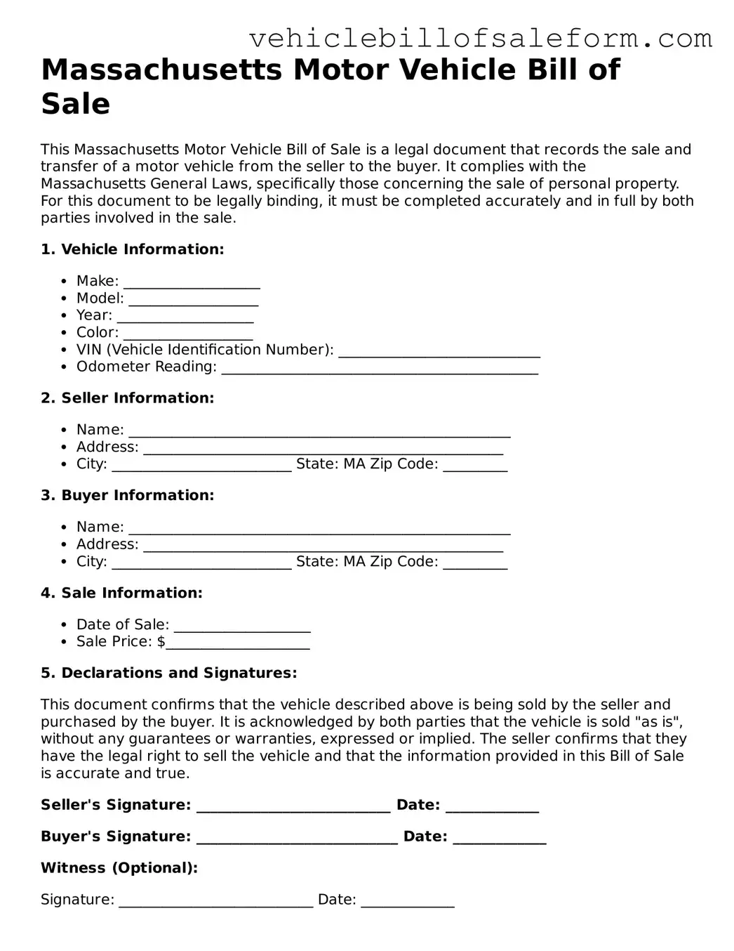 Printable  Motor Vehicle Bill of Sale Template for Massachusetts