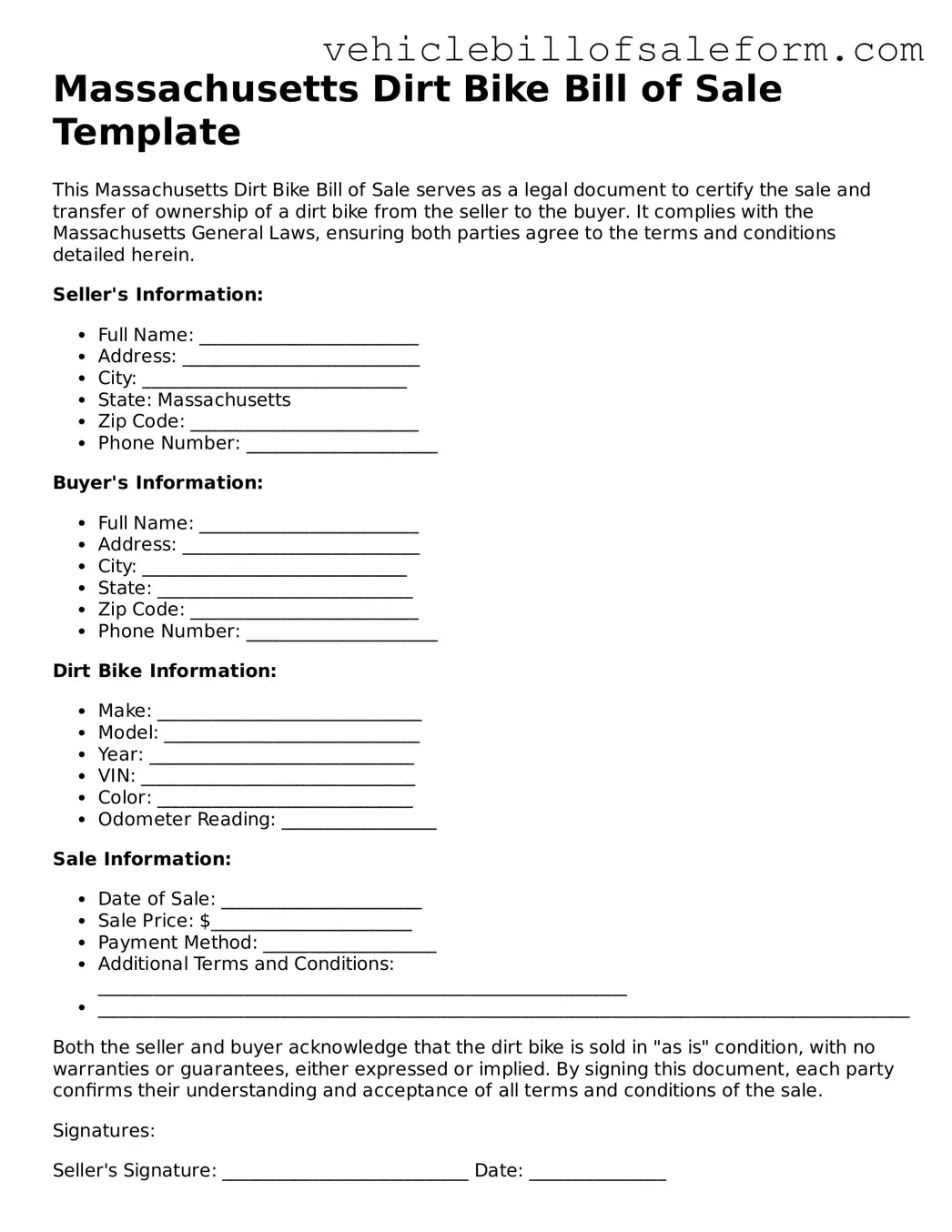 Printable  Dirt Bike Bill of Sale Template for Massachusetts