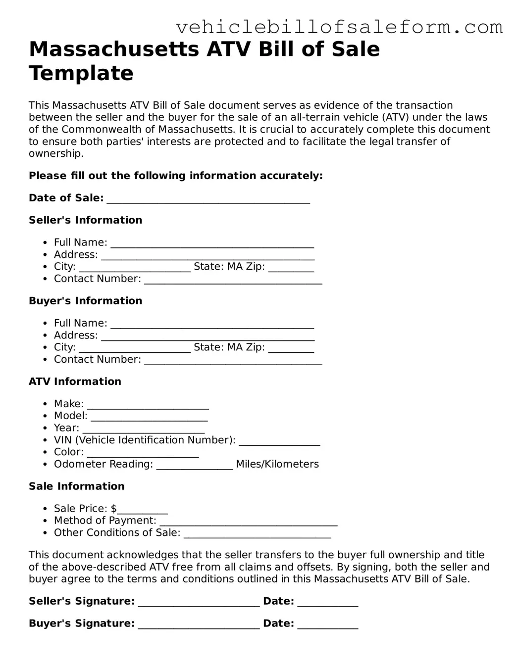 Printable  ATV Bill of Sale Template for Massachusetts