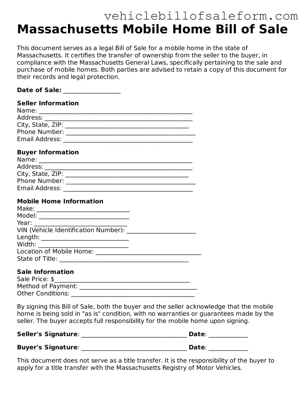 Printable  Mobile Home Bill of Sale Template for Massachusetts