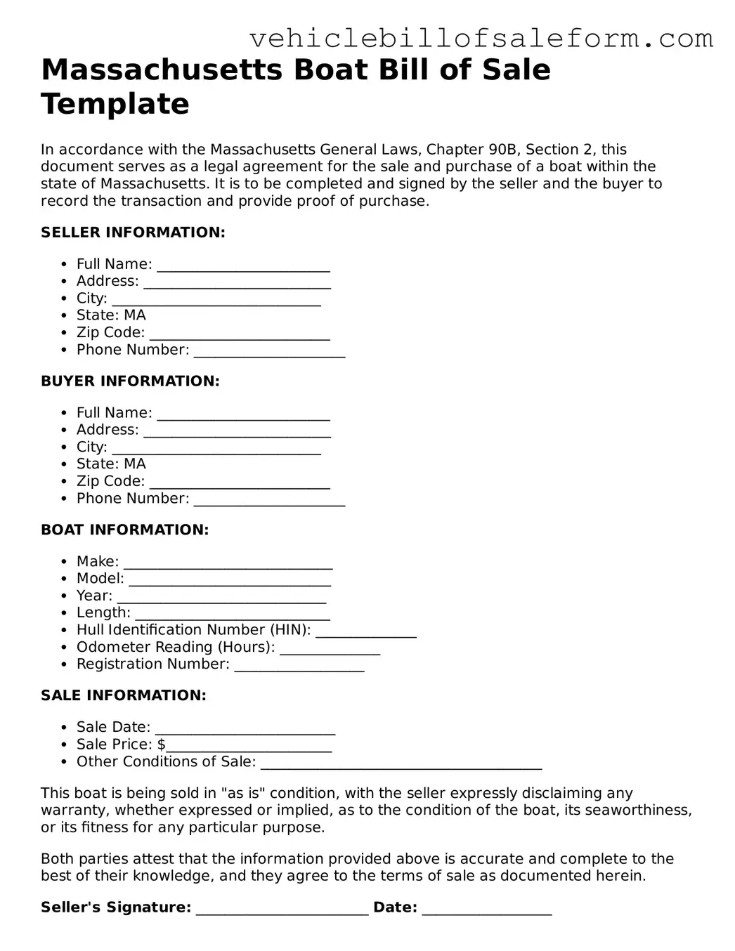 Printable  Boat Bill of Sale Template for Massachusetts