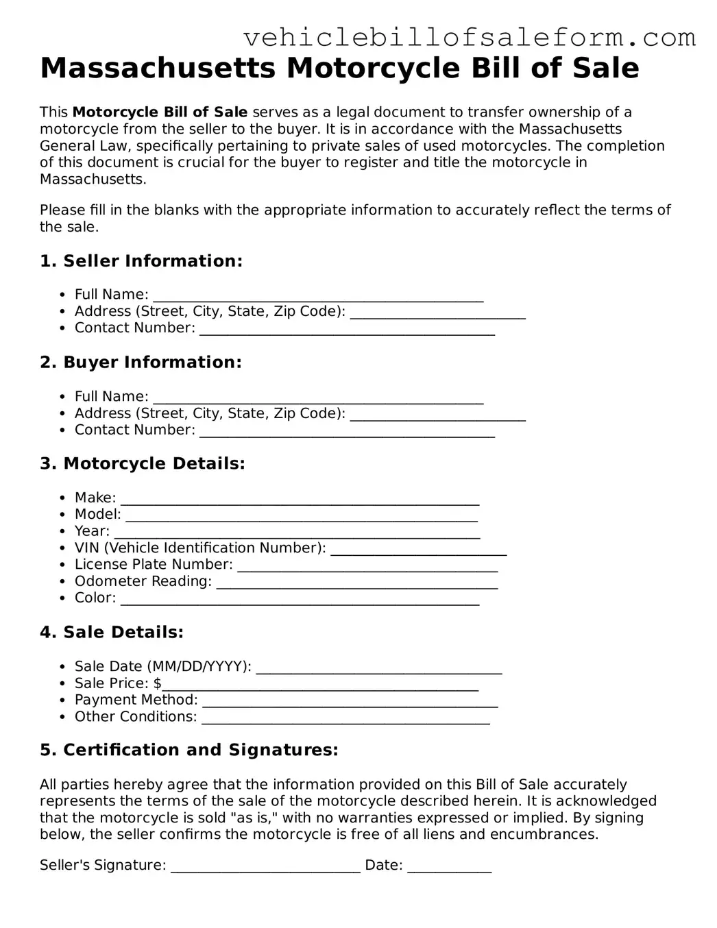 Printable  Motorcycle Bill of Sale Template for Massachusetts