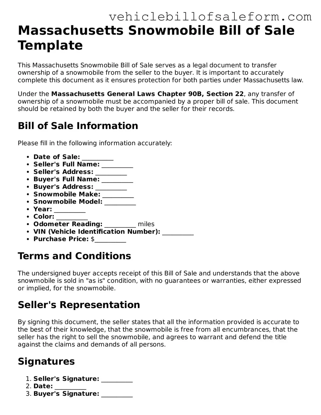 Printable  Snowmobile Bill of Sale Template for Massachusetts