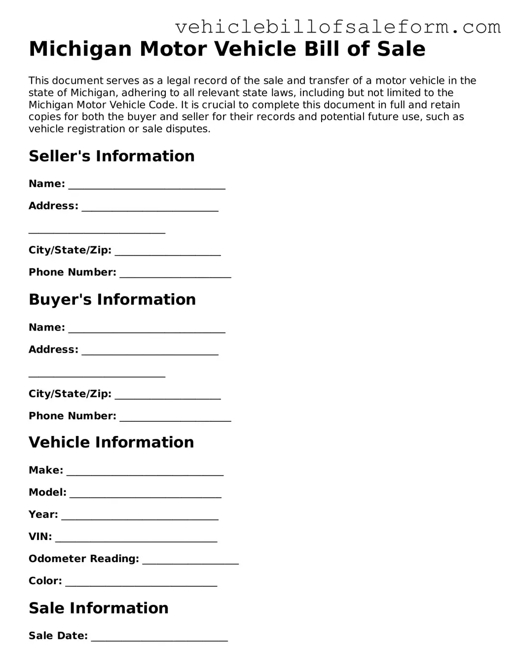Printable  Motor Vehicle Bill of Sale Template for Michigan