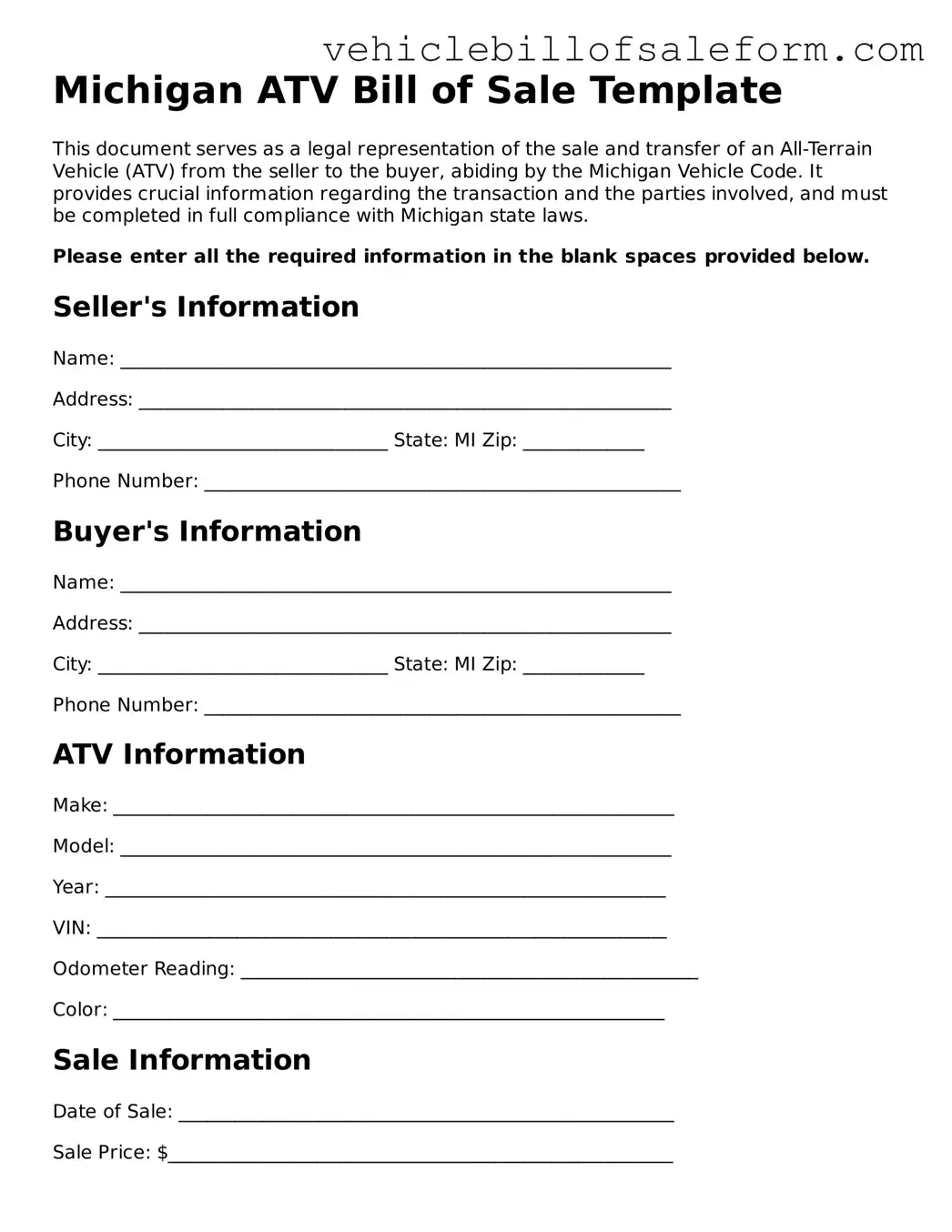 Printable  ATV Bill of Sale Template for Michigan