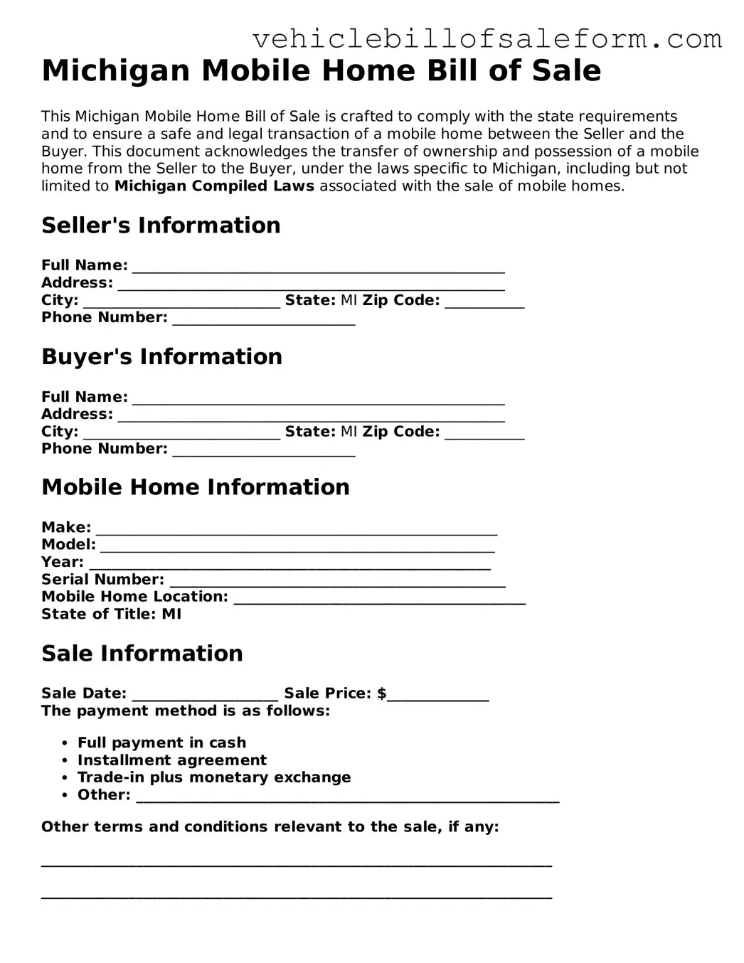 Printable  Mobile Home Bill of Sale Template for Michigan