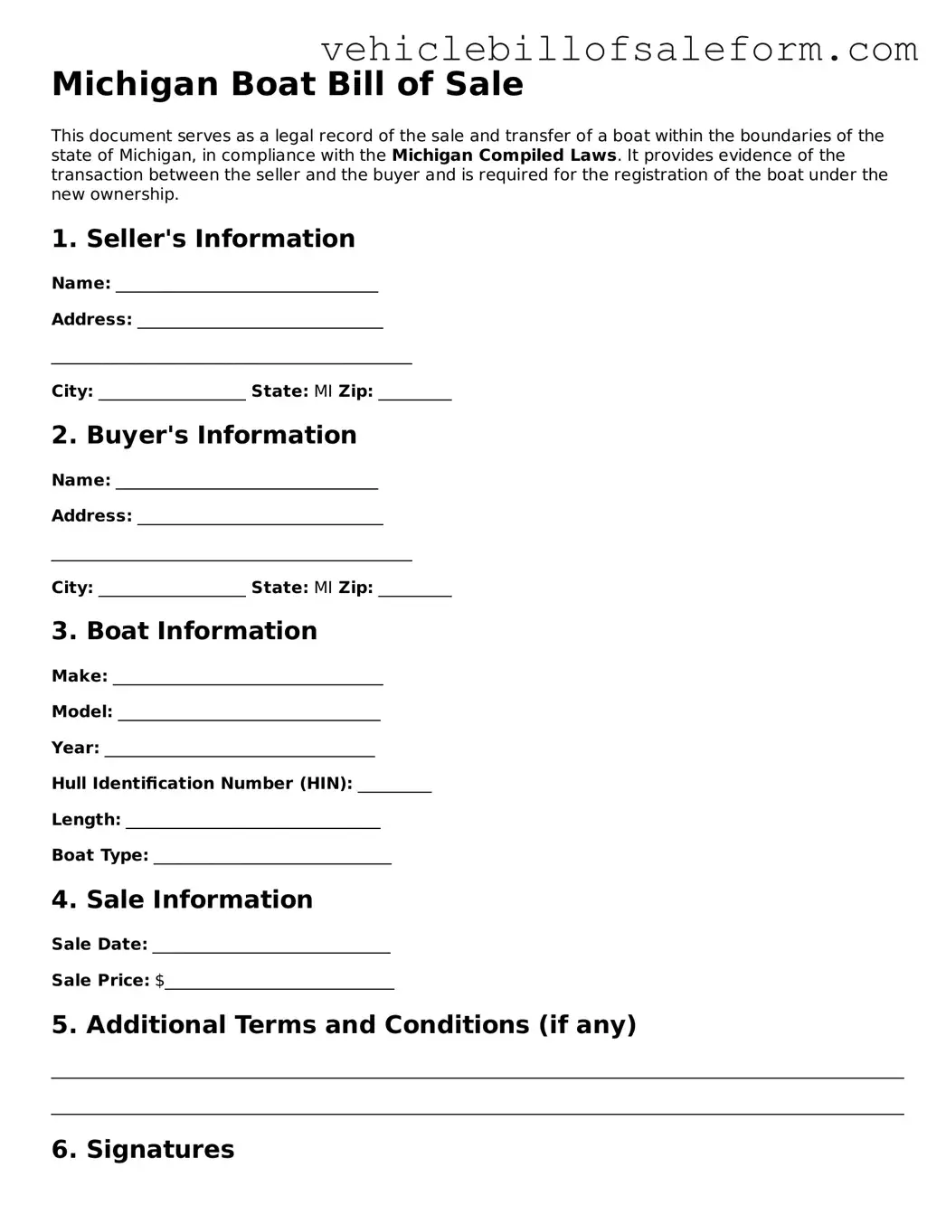 Printable  Boat Bill of Sale Template for Michigan