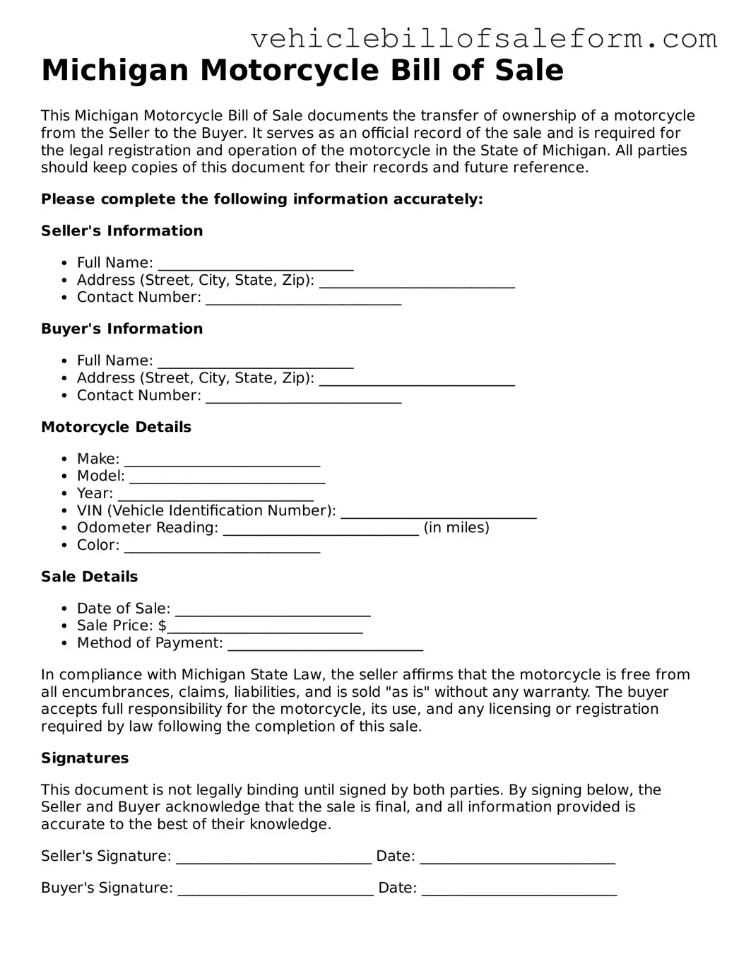 Printable  Motorcycle Bill of Sale Template for Michigan