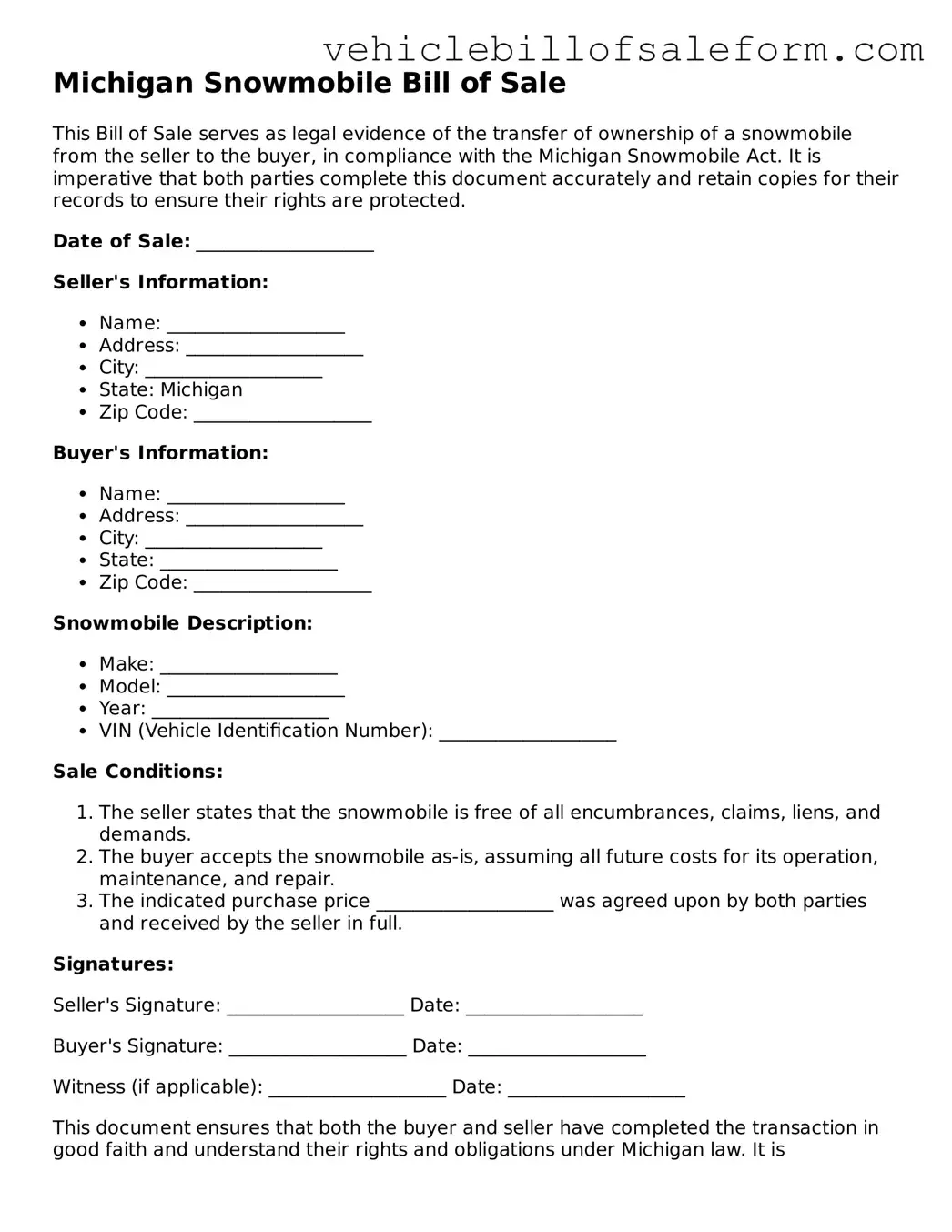 Printable  Snowmobile Bill of Sale Template for Michigan