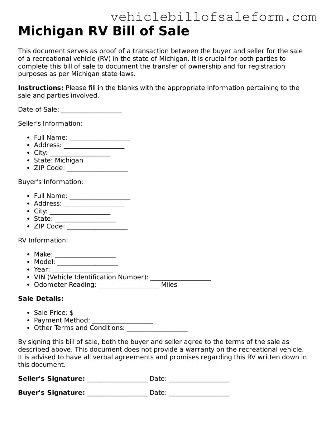 Printable  RV Bill of Sale Template for Michigan