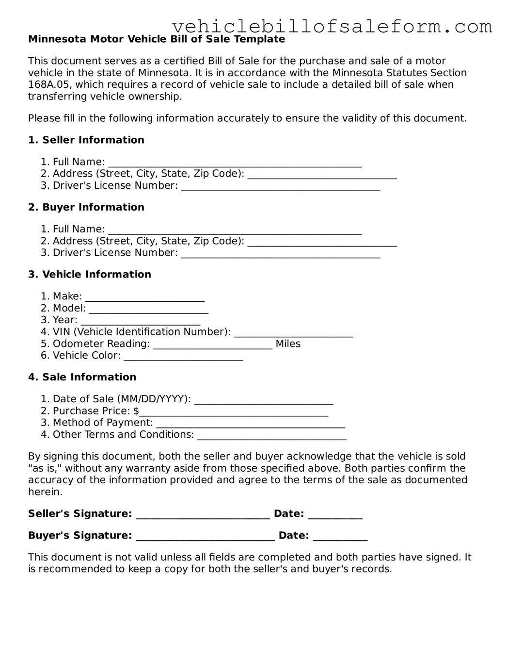 Printable  Motor Vehicle Bill of Sale Template for Minnesota