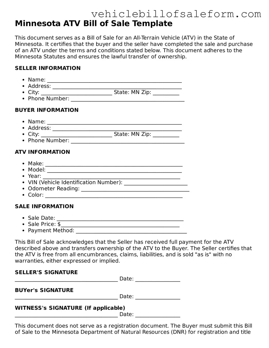 Printable  ATV Bill of Sale Template for Minnesota