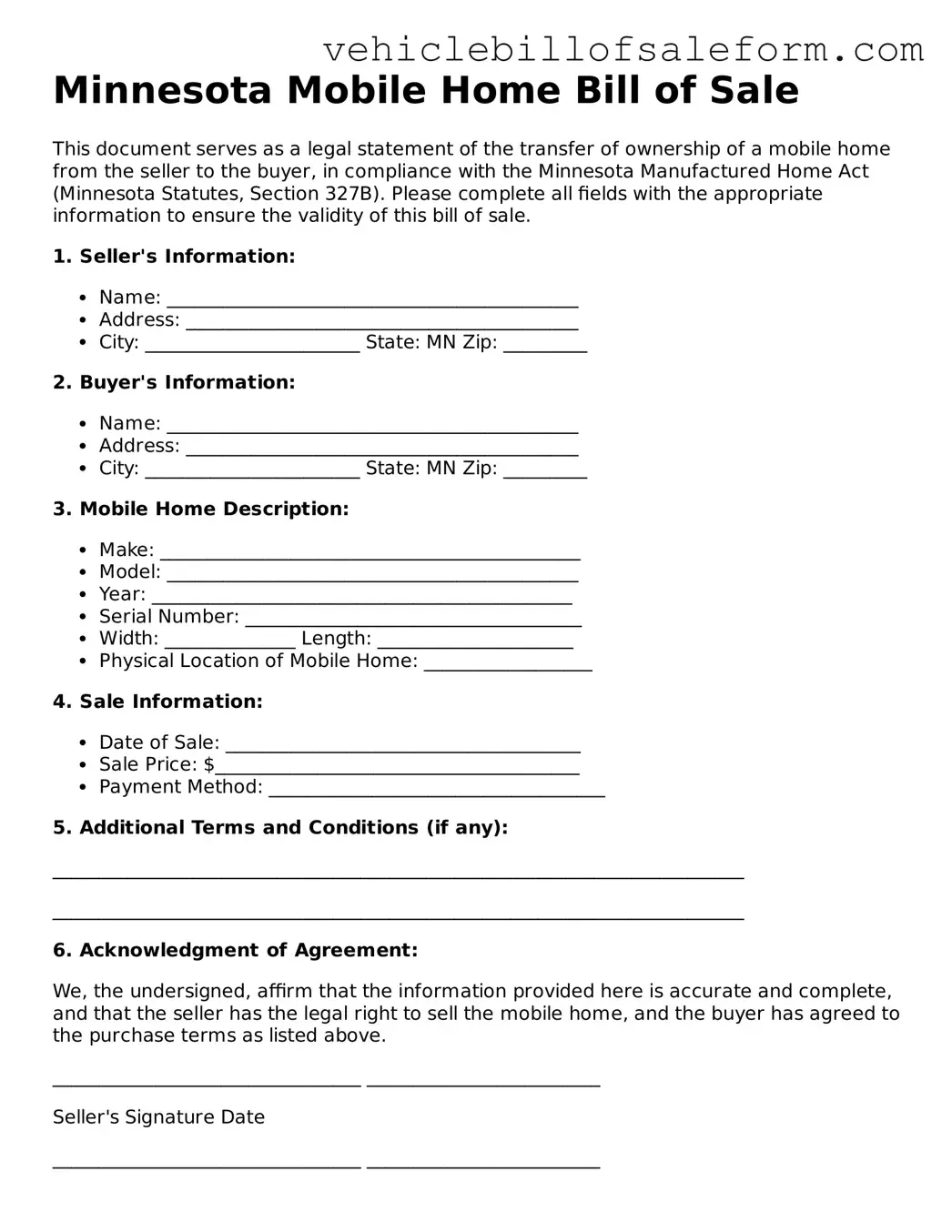 Printable  Mobile Home Bill of Sale Template for Minnesota