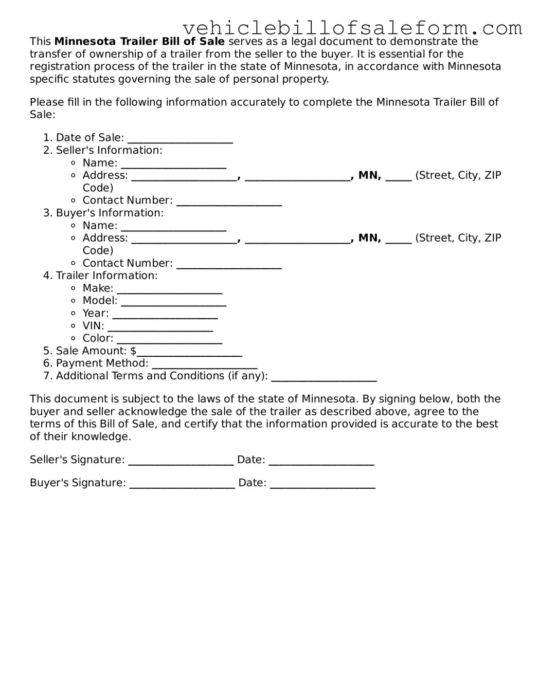 Printable  Trailer Bill of Sale Template for Minnesota