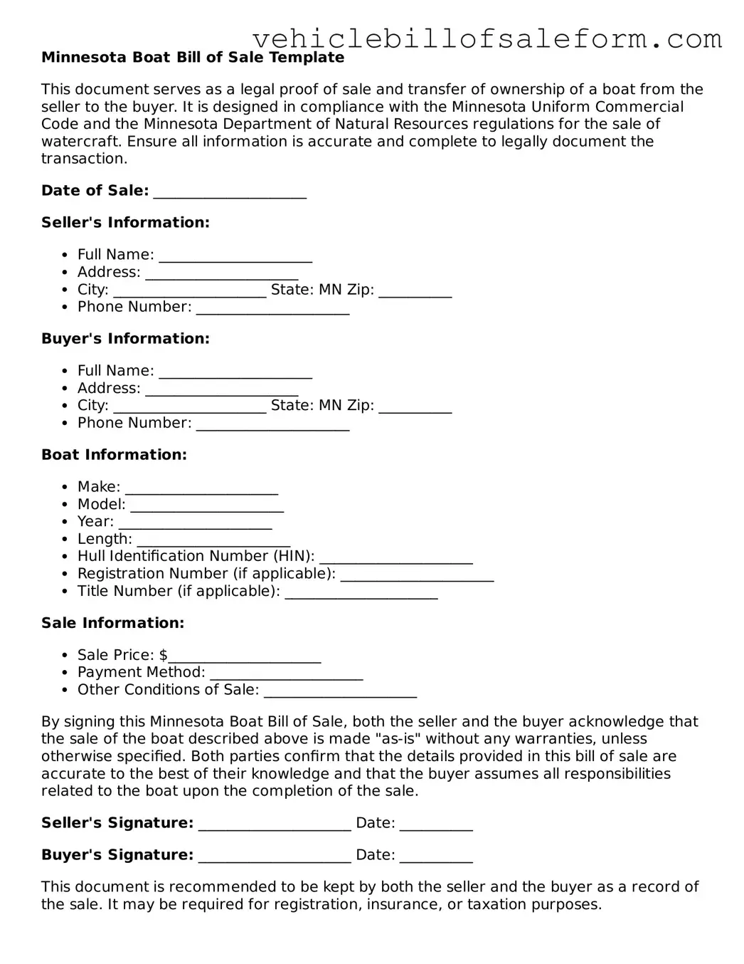 Printable  Boat Bill of Sale Template for Minnesota