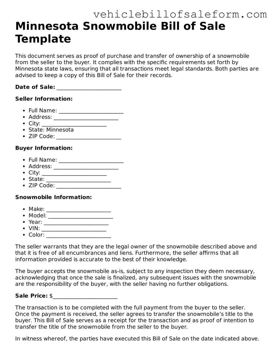 Printable  Snowmobile Bill of Sale Template for Minnesota