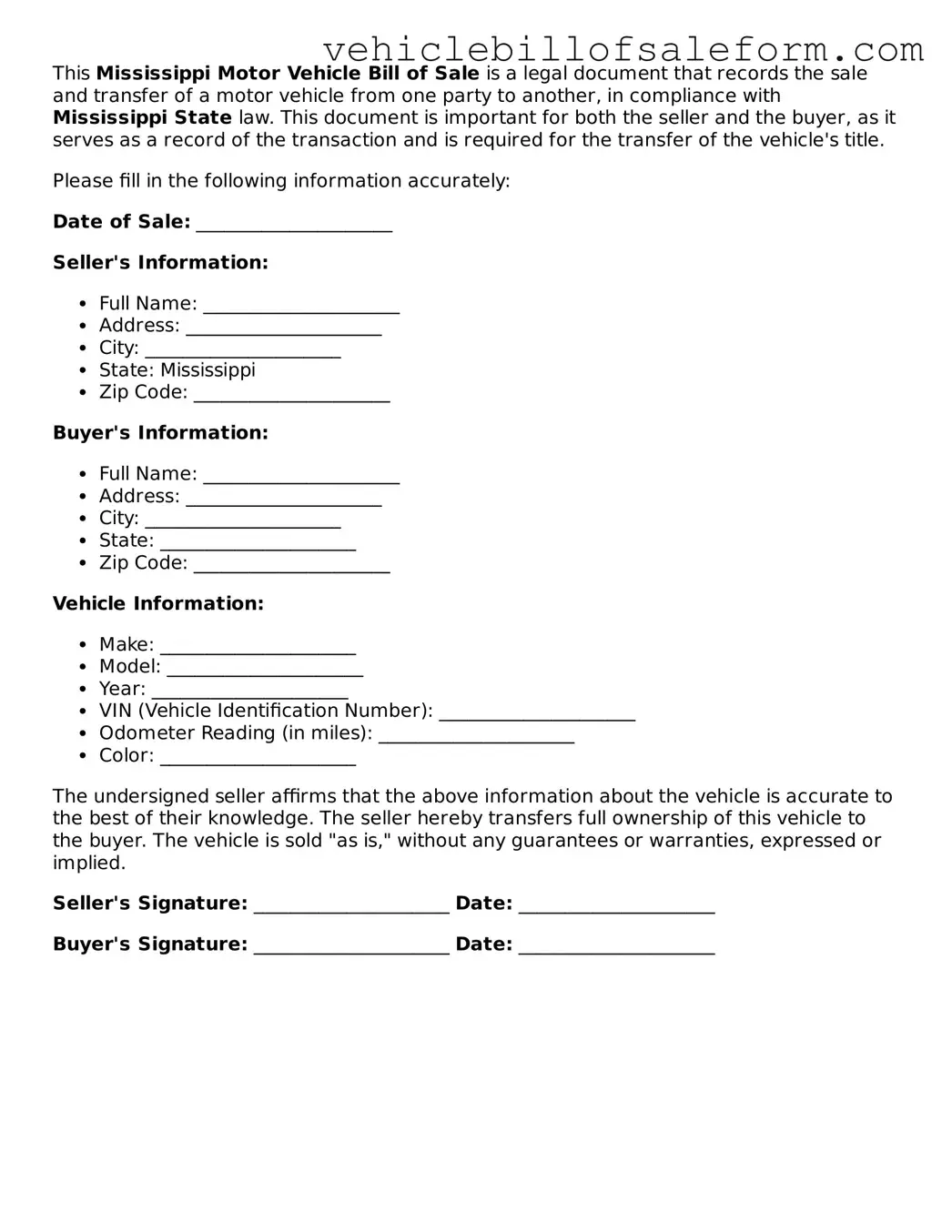 Printable  Motor Vehicle Bill of Sale Template for Mississippi
