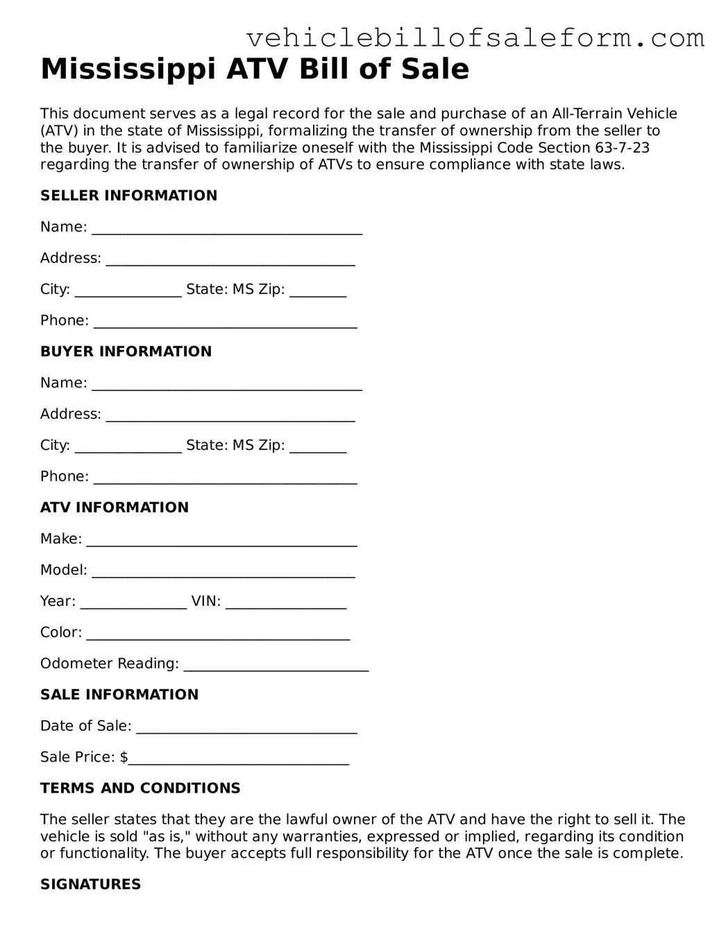 Printable  ATV Bill of Sale Template for Mississippi