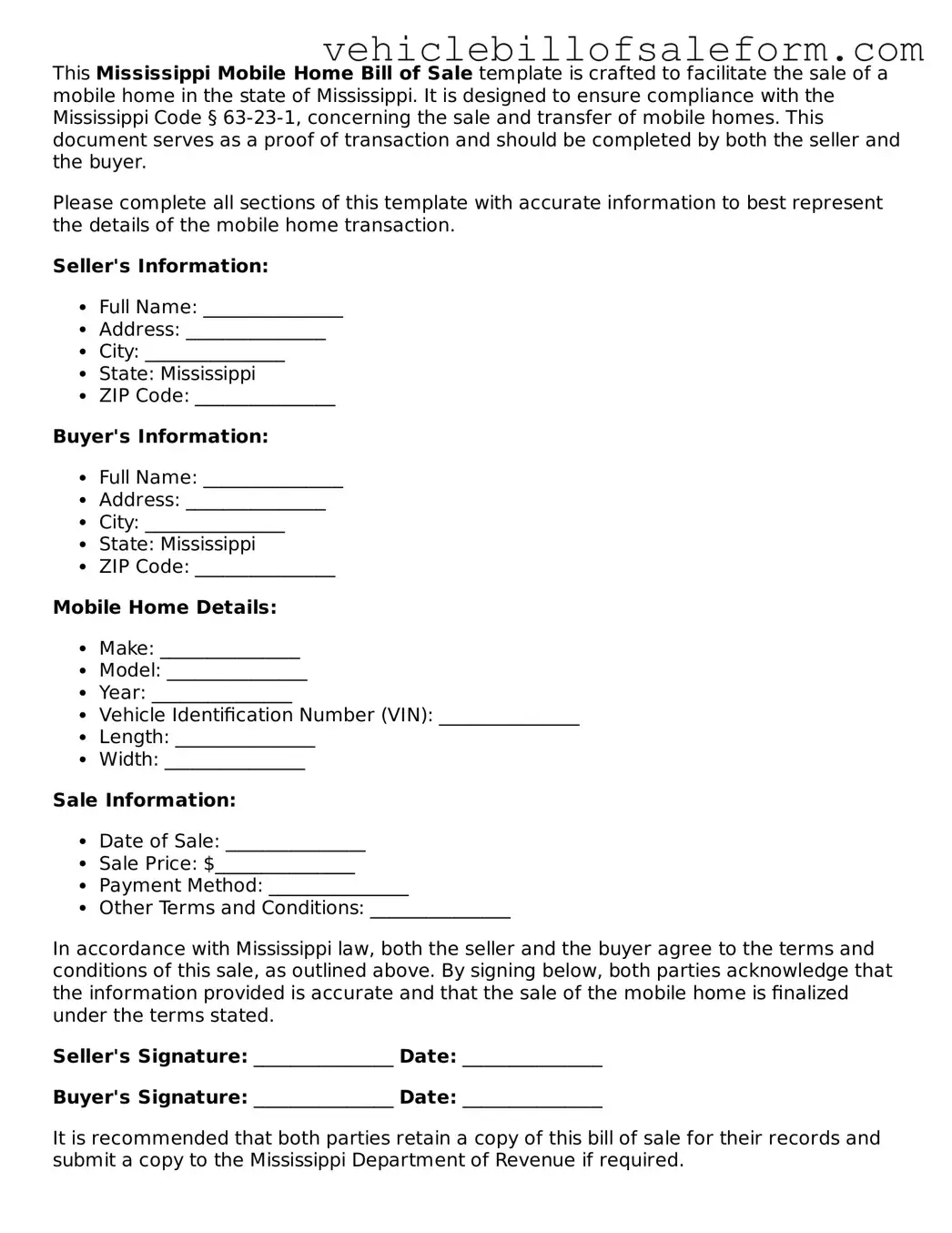 Printable  Mobile Home Bill of Sale Template for Mississippi