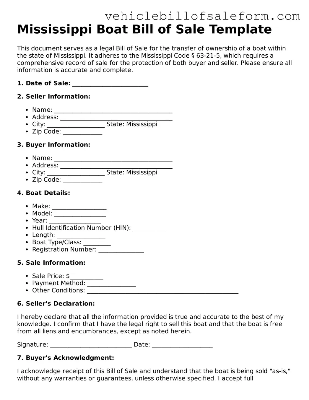 Printable  Boat Bill of Sale Template for Mississippi