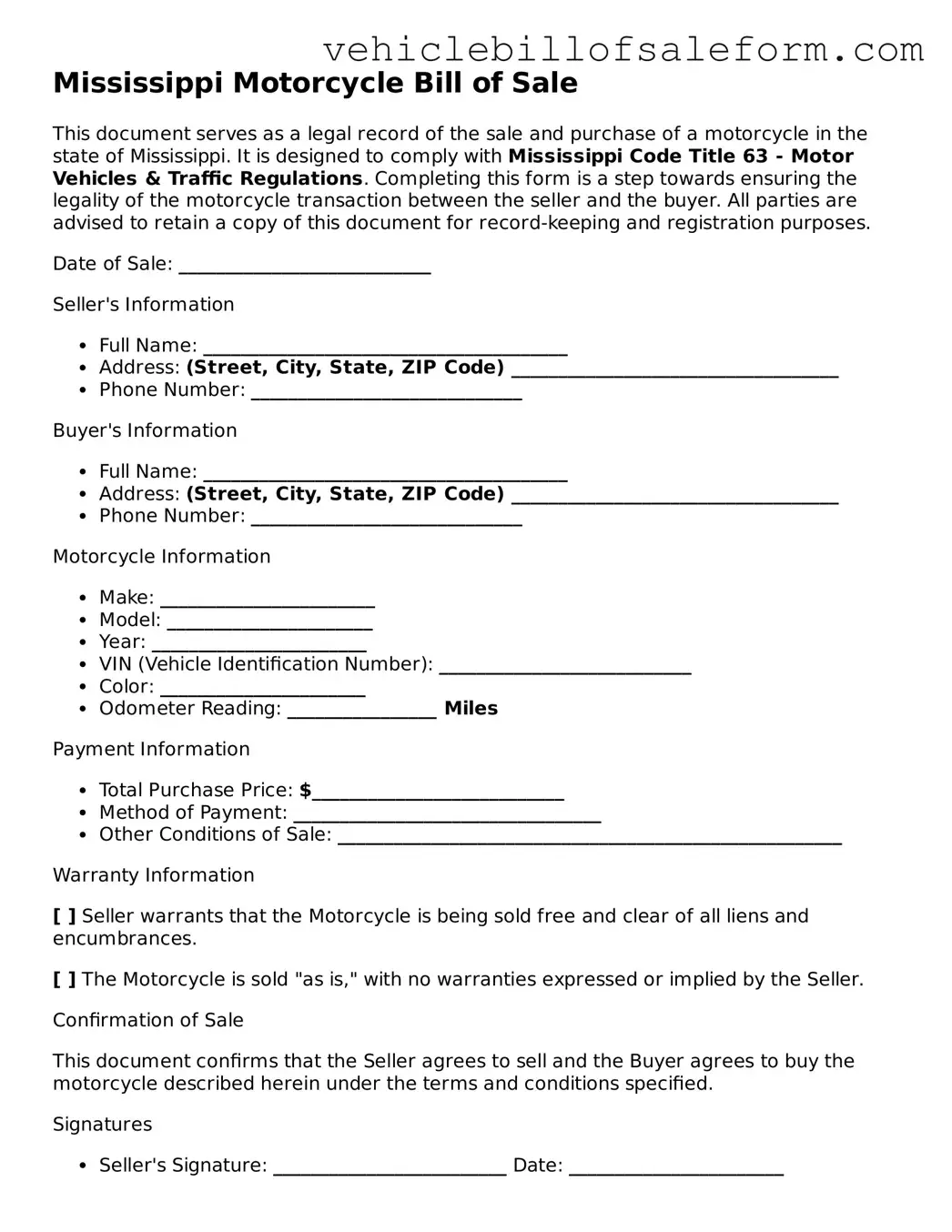 Printable  Motorcycle Bill of Sale Template for Mississippi