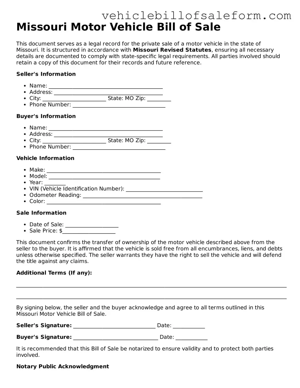Printable  Motor Vehicle Bill of Sale Template for Missouri