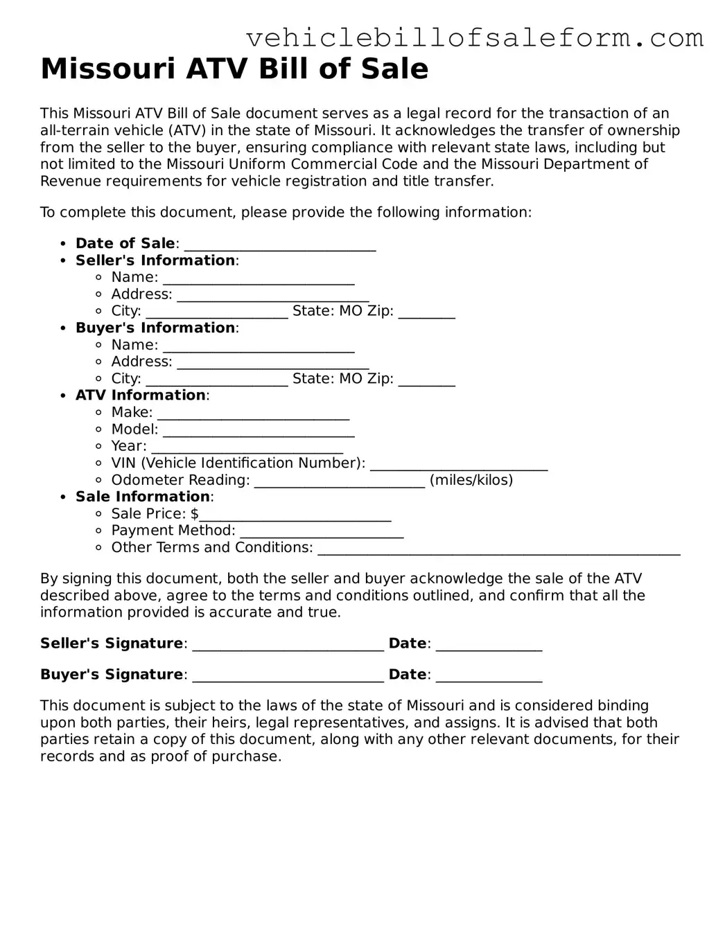 Printable  ATV Bill of Sale Template for Missouri