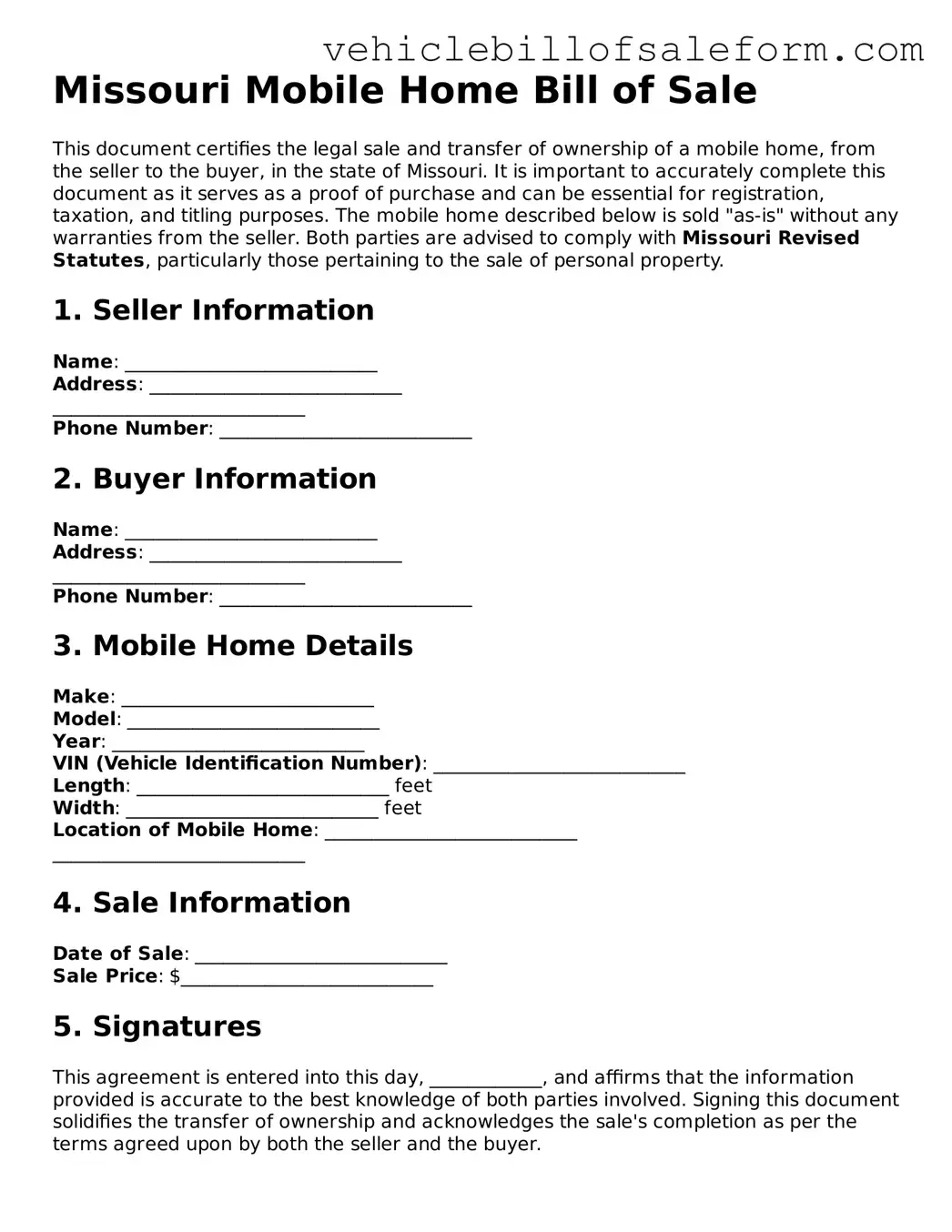 Printable  Mobile Home Bill of Sale Template for Missouri