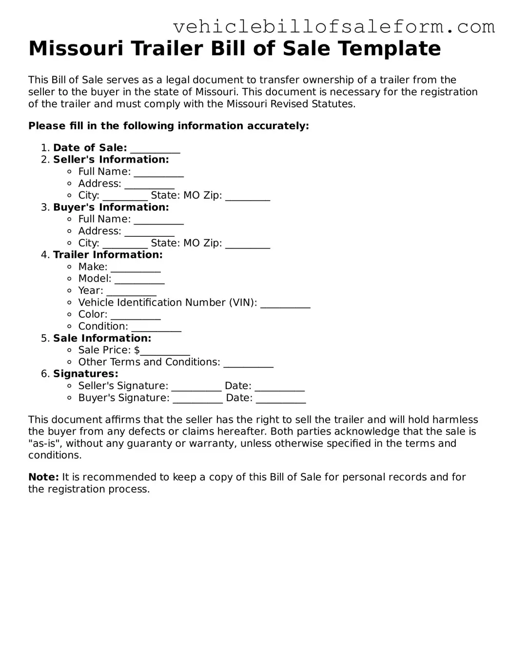 Printable  Trailer Bill of Sale Template for Missouri