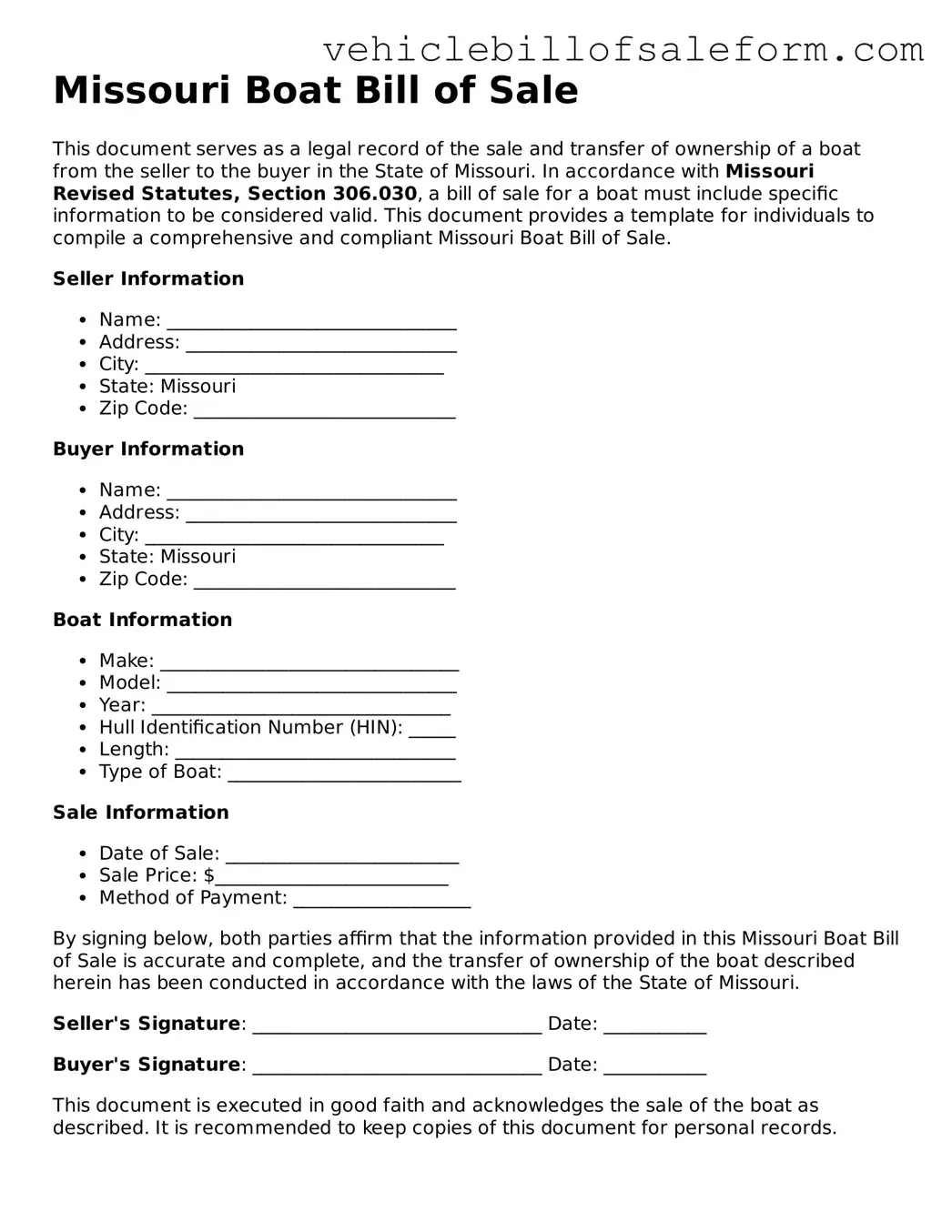 Printable  Boat Bill of Sale Template for Missouri