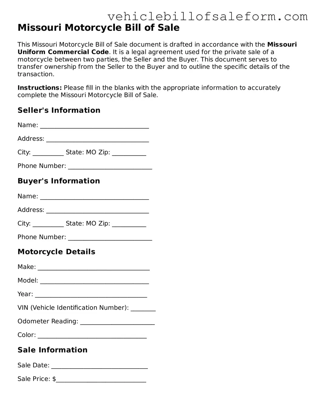 Printable  Motorcycle Bill of Sale Template for Missouri