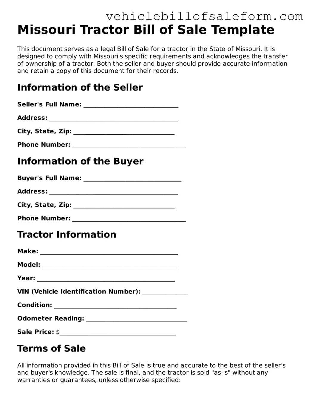 Printable  Tractor Bill of Sale Template for Missouri