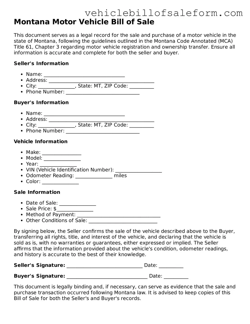 Printable  Motor Vehicle Bill of Sale Template for Montana