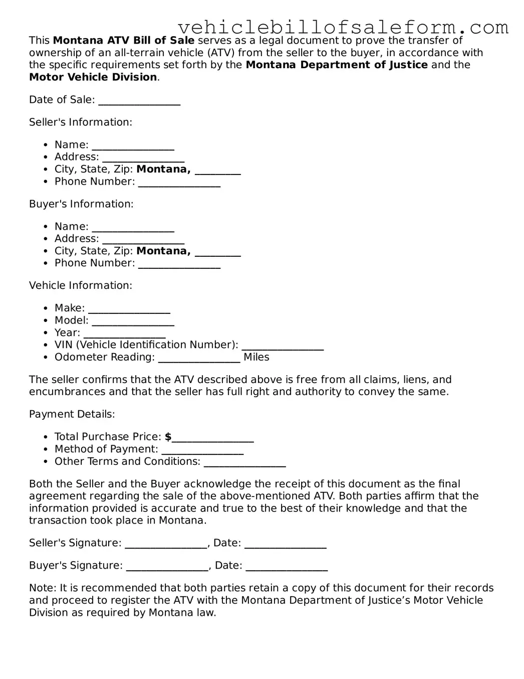 Printable  ATV Bill of Sale Template for Montana