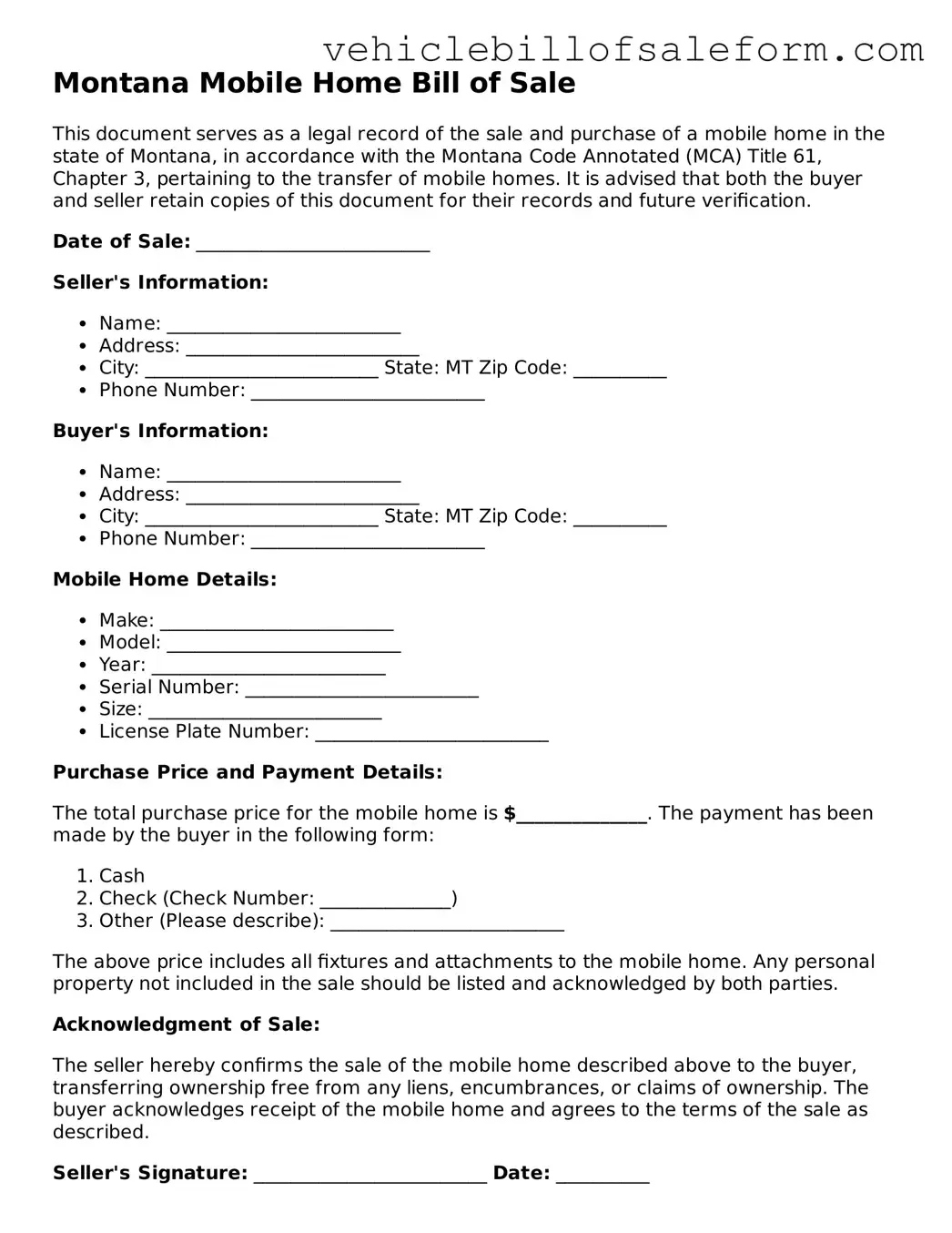Printable  Mobile Home Bill of Sale Template for Montana