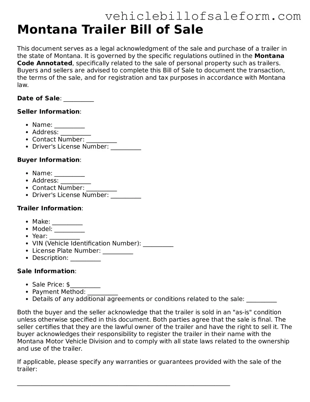 Printable  Trailer Bill of Sale Template for Montana