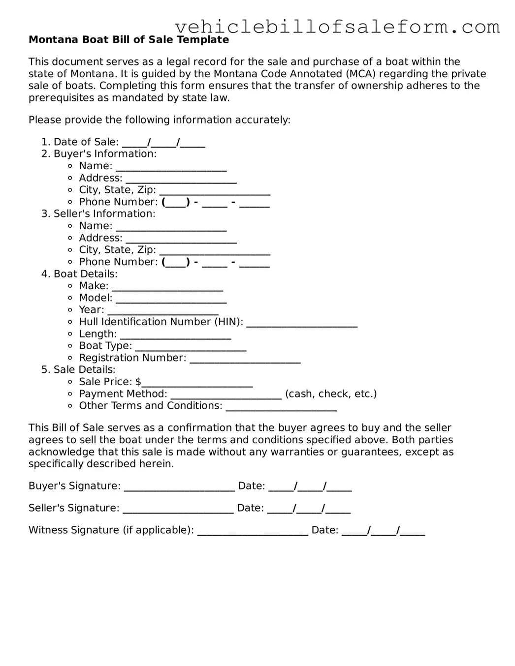 Printable  Boat Bill of Sale Template for Montana