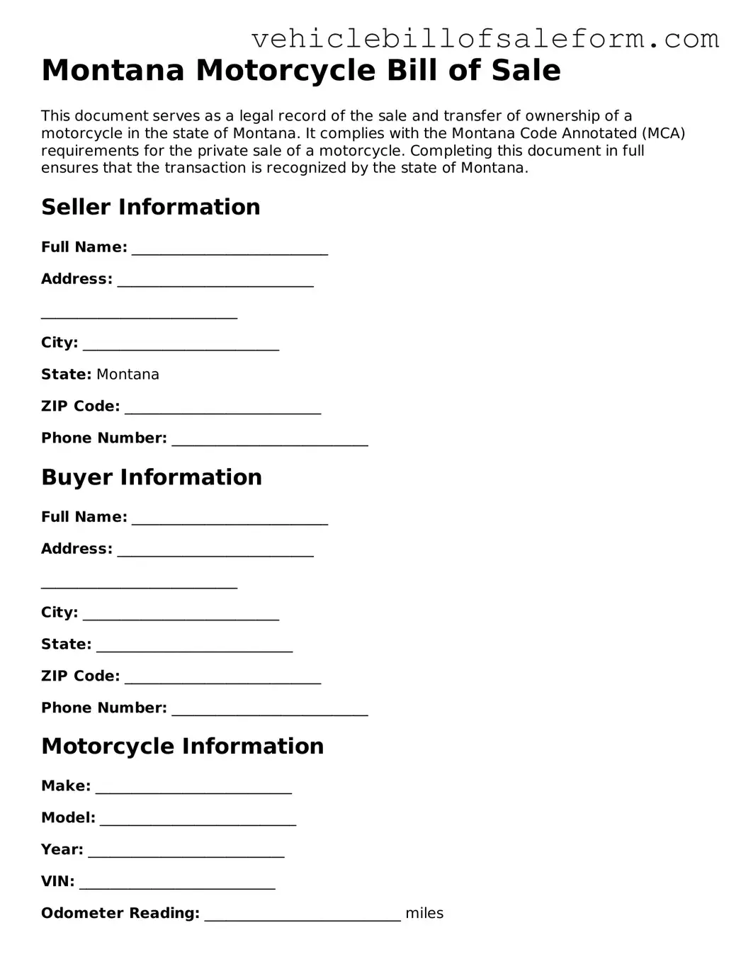Printable  Motorcycle Bill of Sale Template for Montana