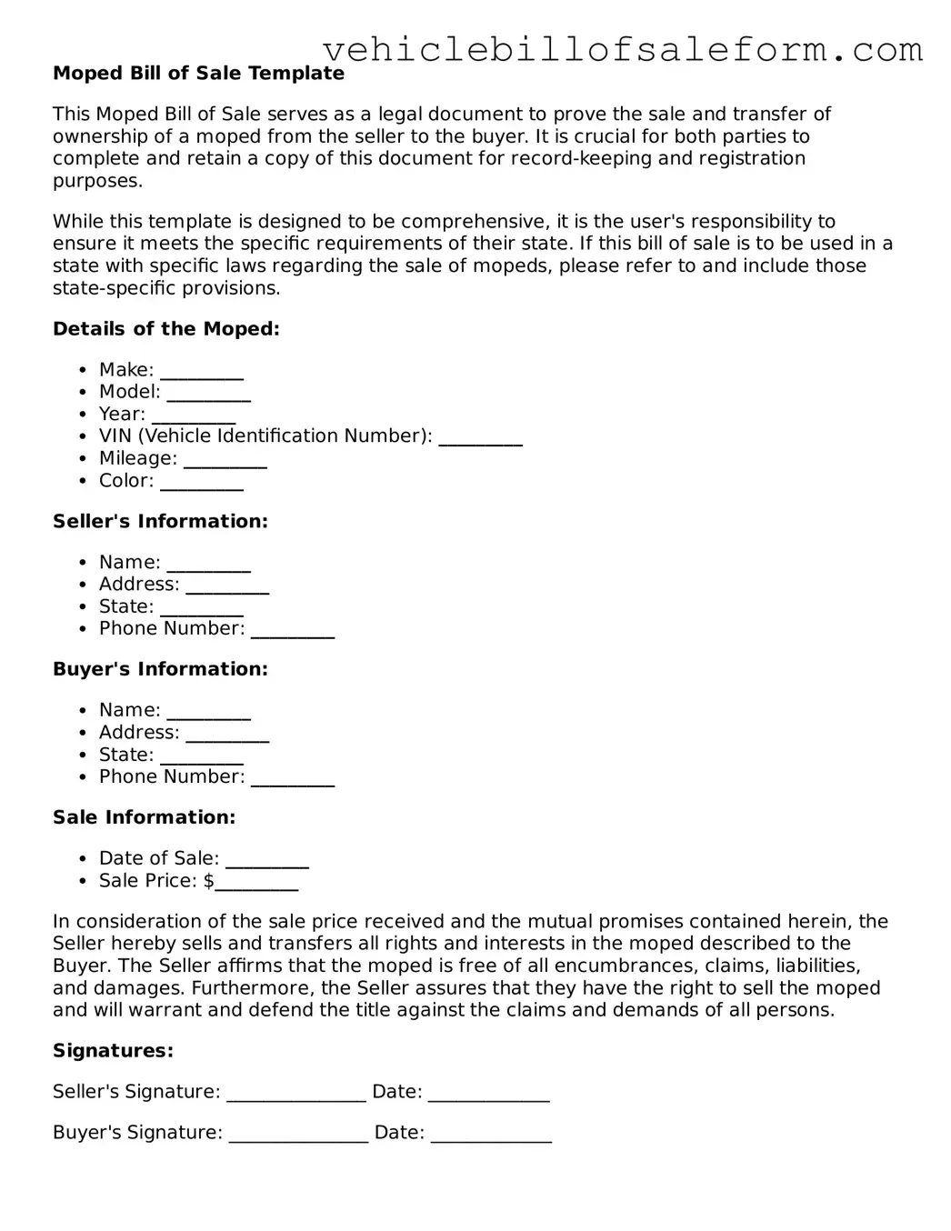 Blank Moped Bill of Sale Document
