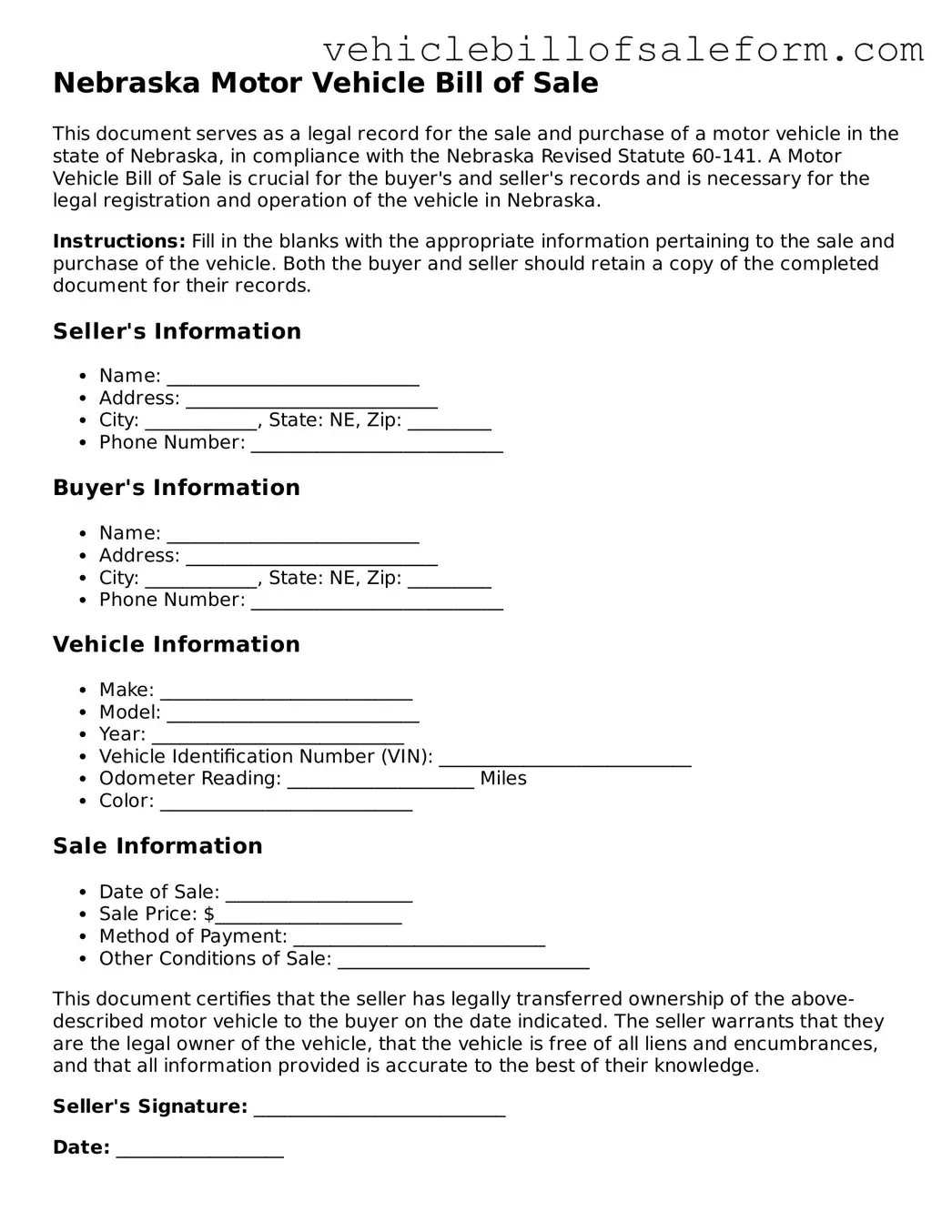 Printable  Motor Vehicle Bill of Sale Template for Nebraska