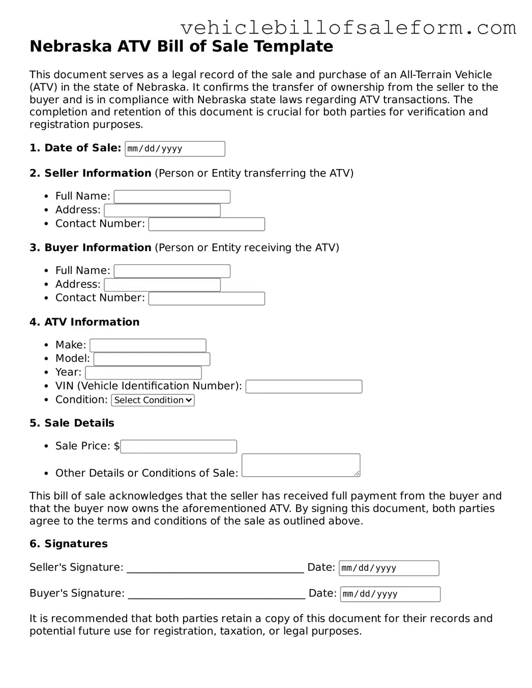 Printable  ATV Bill of Sale Template for Nebraska