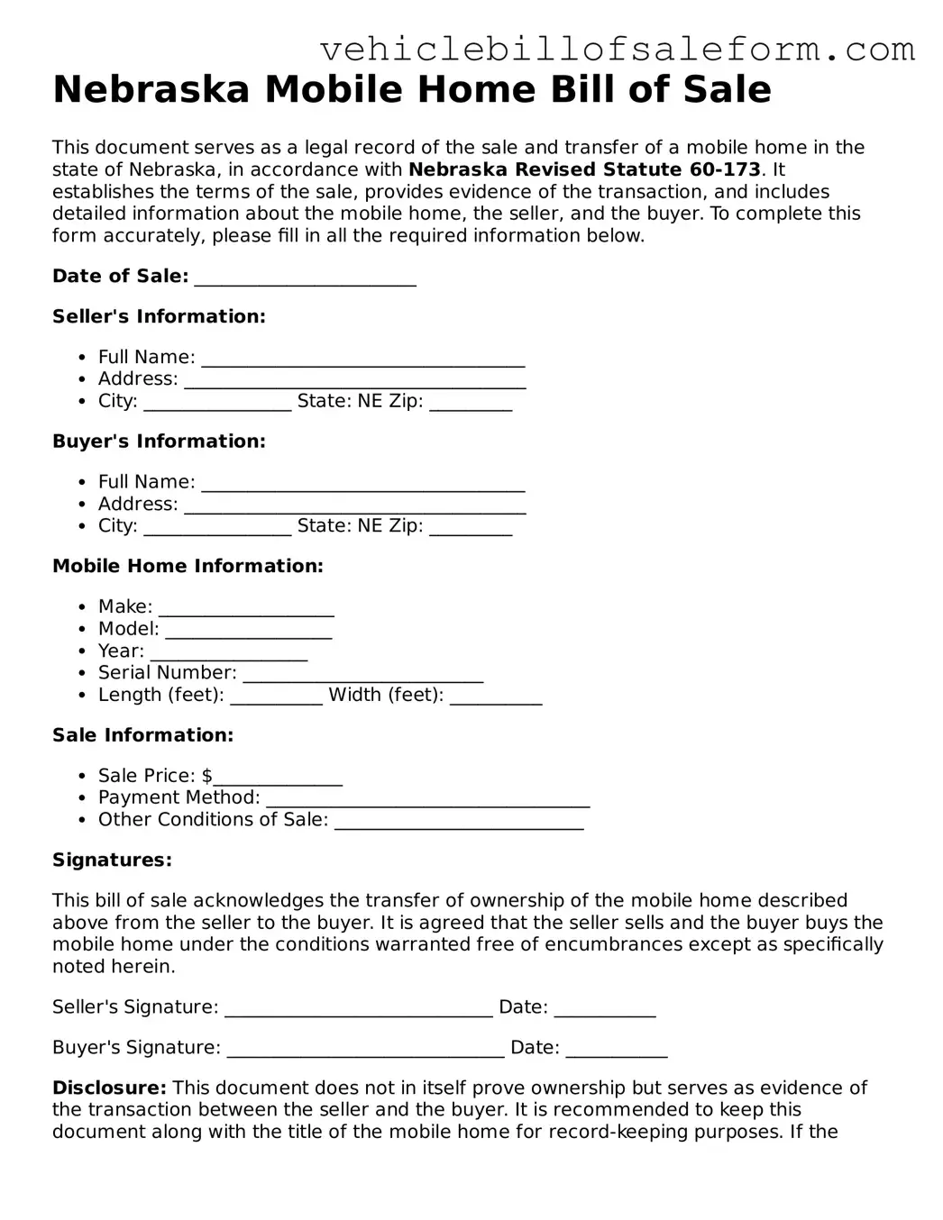 Printable  Mobile Home Bill of Sale Template for Nebraska