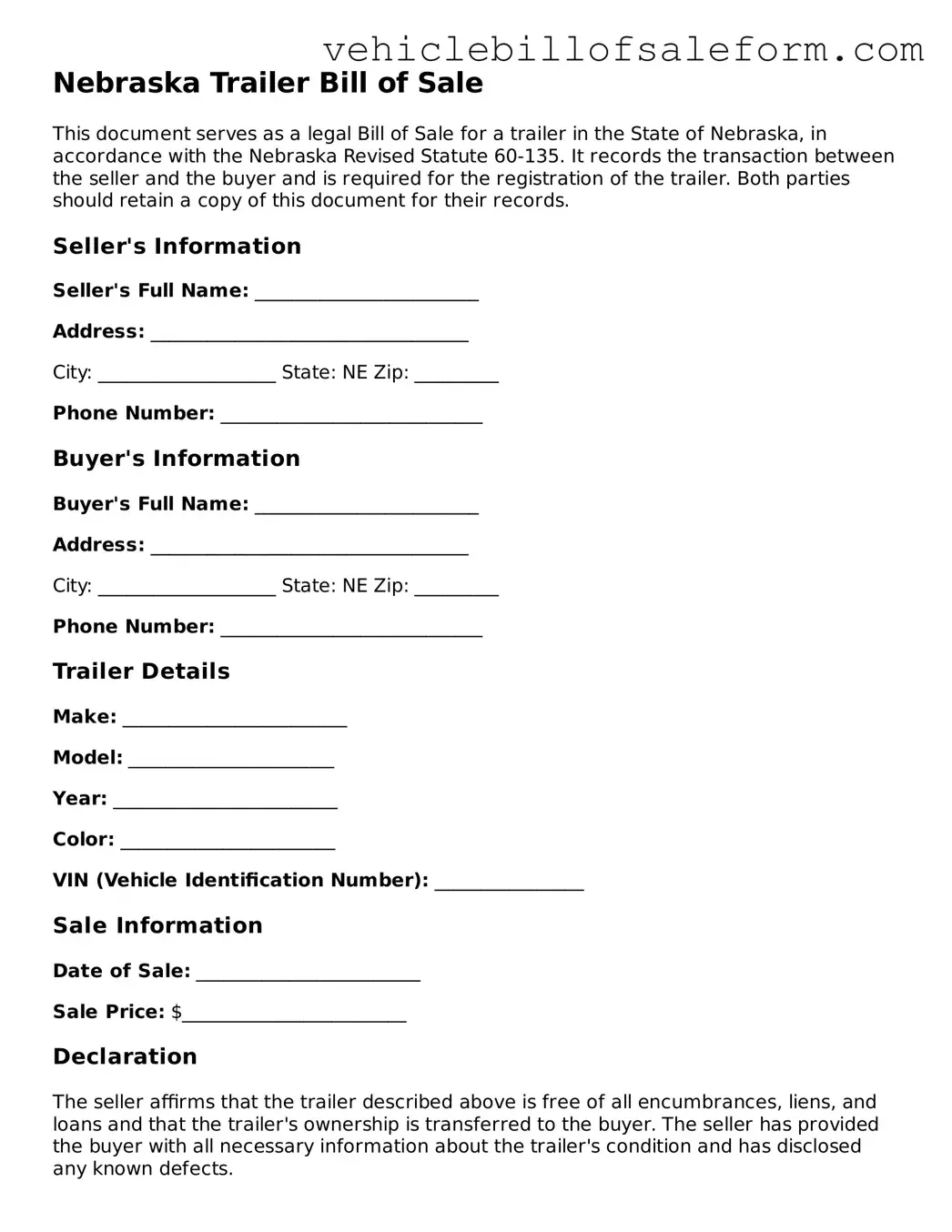 Printable  Trailer Bill of Sale Template for Nebraska