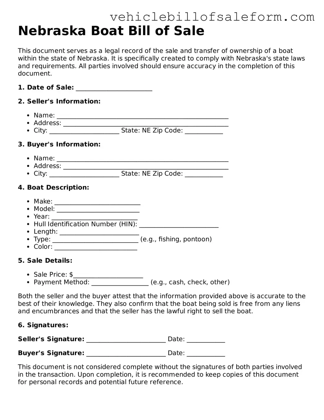 Printable  Boat Bill of Sale Template for Nebraska